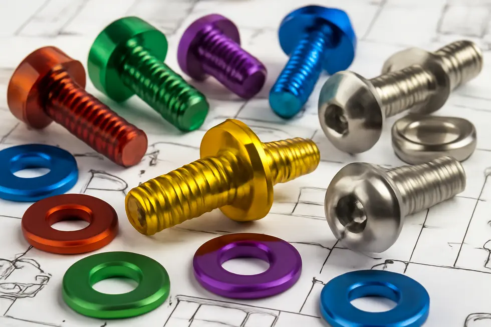 Close-up of diverse motorcycle fairing bolts showcasing high-grade aluminum and stainless steel materials with colorful anodized finishes.