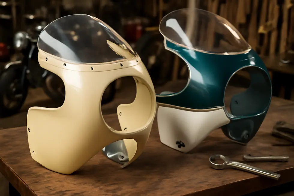 Detailed view of vintage motorcycle fairings highlighting retro designs and modern materials in a workshop setting.