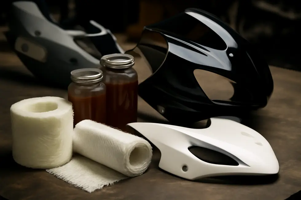 Key materials like fiberglass and ABS plastic selected for crafting durable motorcycle fairings.