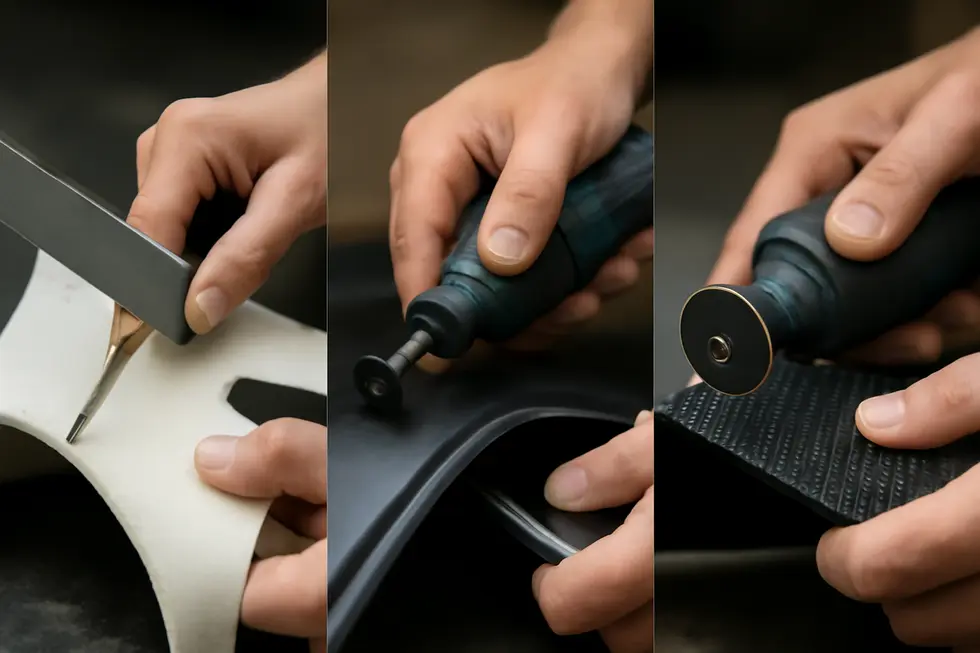 A comprehensive display of essential cutting tools and materials tailored for different types of motorcycle fairings.