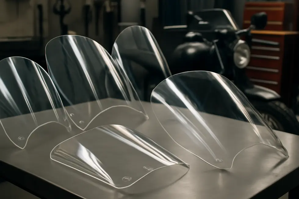 Different clear motorcycle fairings crafted from durable, impact-resistant materials ready for installation.
