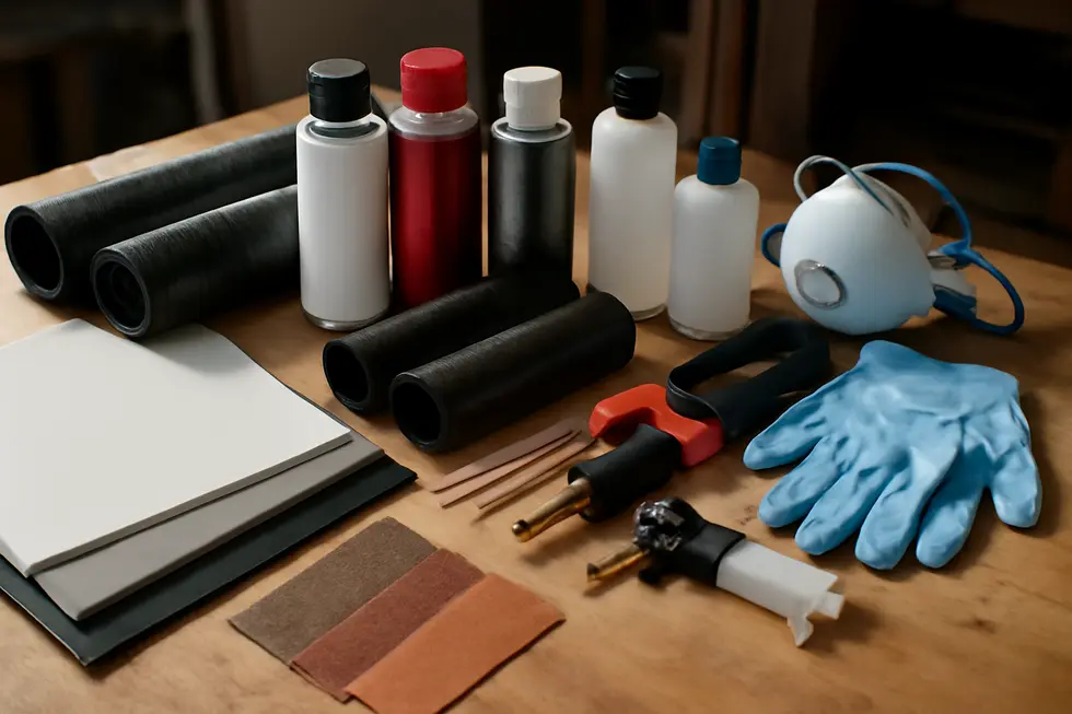 Essential materials and tools for professional DIY motorcycle fairing projects displayed in an organized workbench.