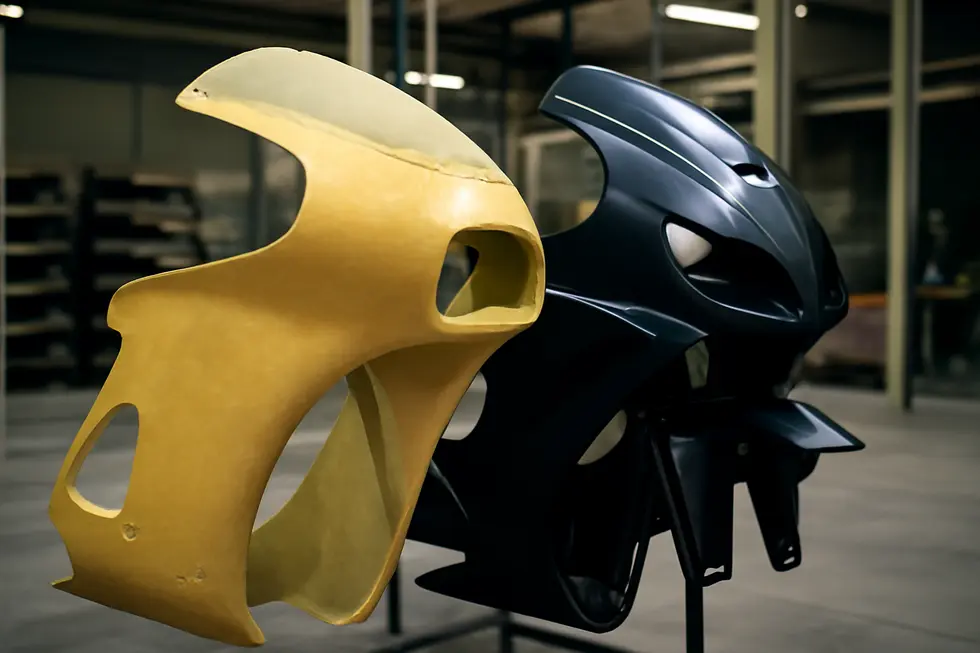 A diverse range of motorcycle fairings showcased in a retail environment with no direct representation of an ‘Airstream’ brand.