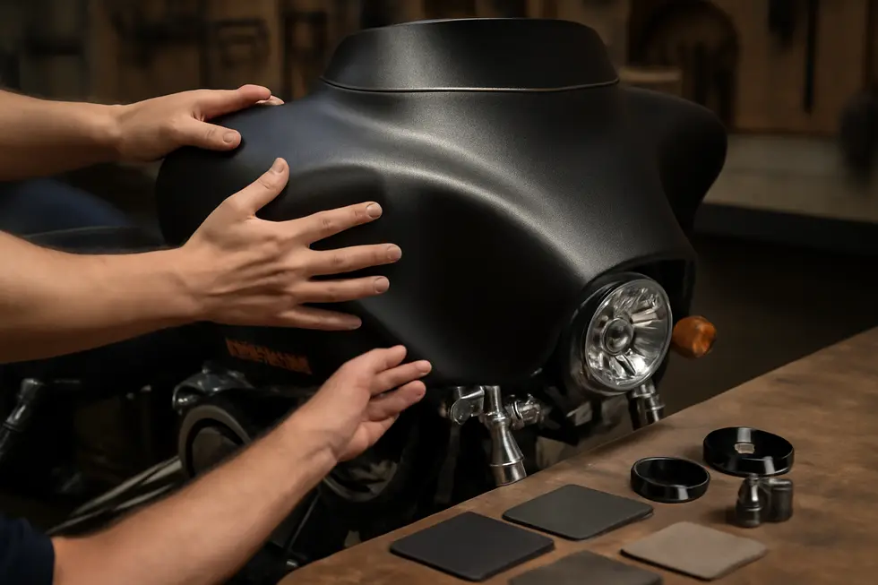 Detailed view of a bat fairing’s wing-shaped design with key dimensions highlighted on a cruiser motorcycle.