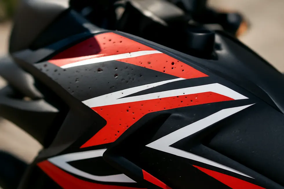 A detailed view illustrating the durable high-quality vinyl materials used in motorcycle fairing stickers.