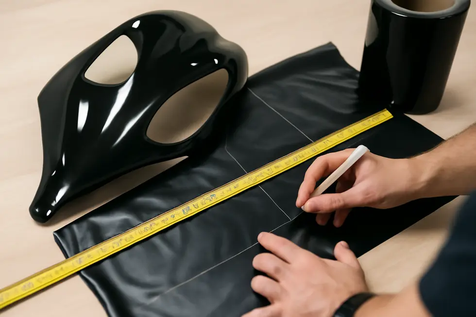 A professional thoroughly cleans motorcycle fairings to ensure optimal vinyl adhesion before wrapping.