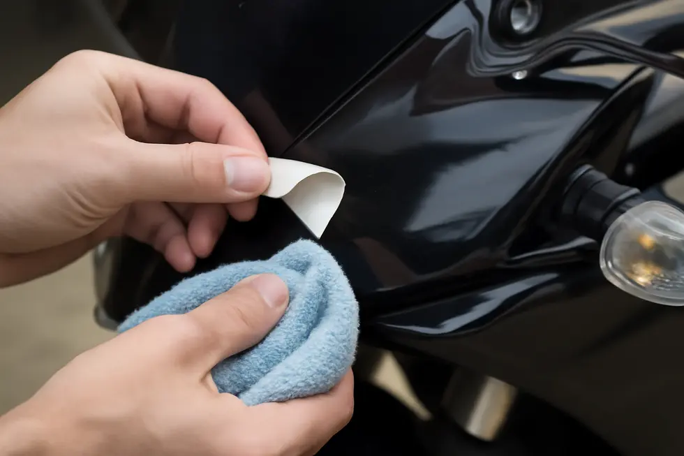 Utilizing controlled heat application to safely loosen sticker adhesive on a motorcycle fairing.