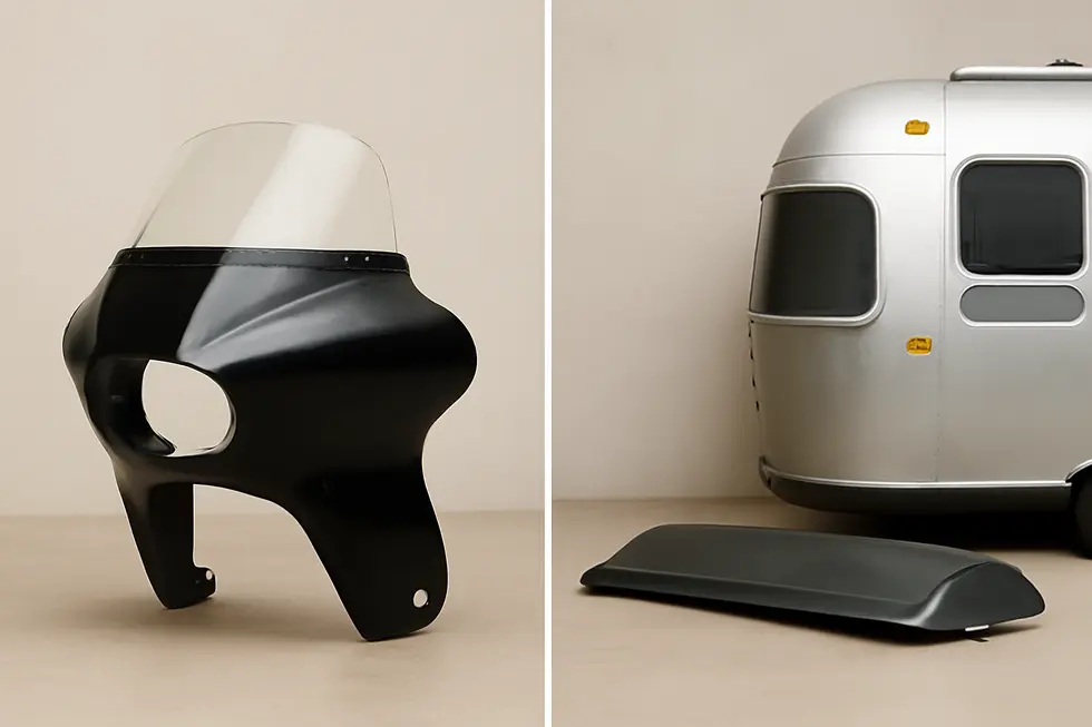 A diverse range of motorcycle fairings showcased in a retail environment with no direct representation of an ‘Airstream’ brand.