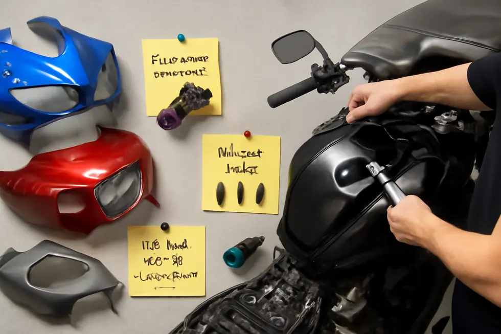 A well-organized mechanic’s workstation showcasing essential tools and a stable motorcycle prepared for safe fairing removal.