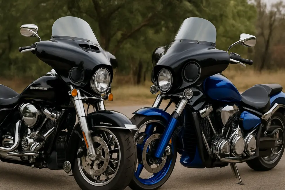 Detailed close-up showcasing the fiberglass construction and design precision of a Vector motorcycle fairing with built-in speaker cutouts.