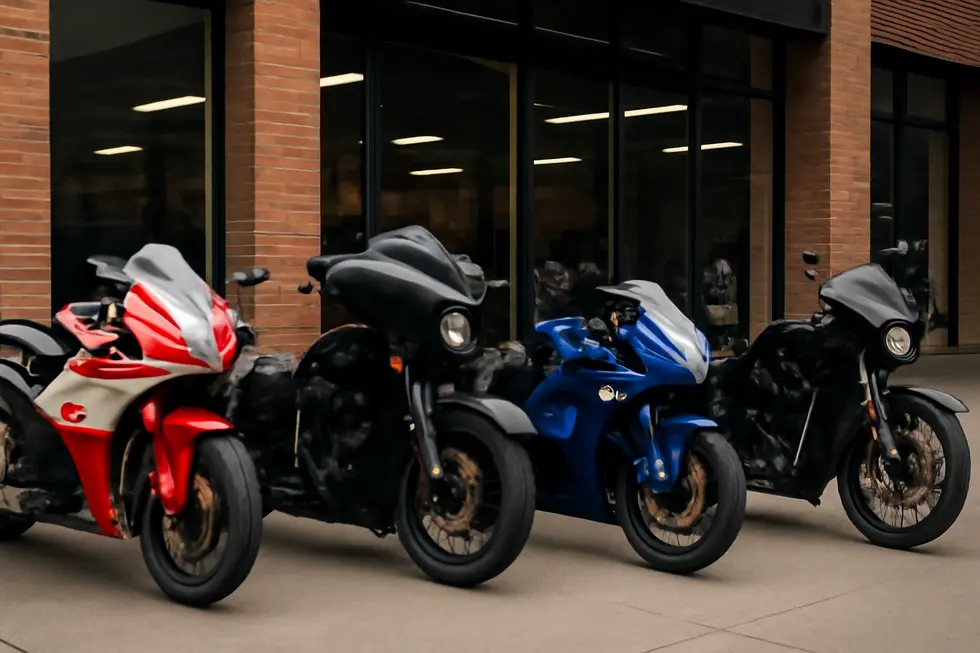 Detailed view of hand-laid fiberglass motorcycle fairings illustrating their raw texture and preparation stages.