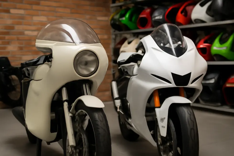 Technicians fitting authentic 1970s-style race fairings in a specialist UK workshop.