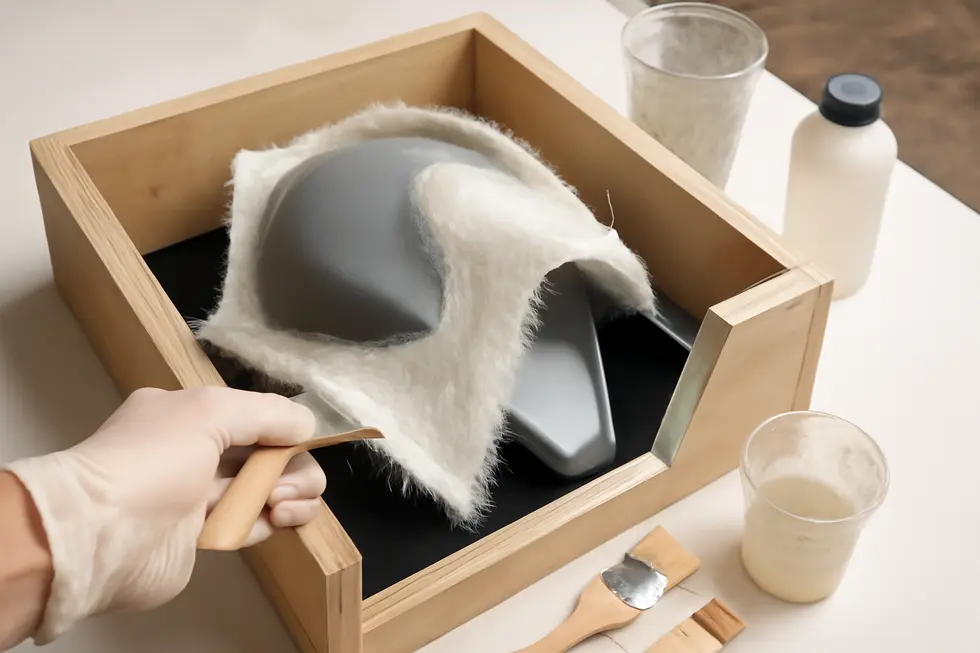 An artisan preparing a master motorcycle fairing model essential for mold making.