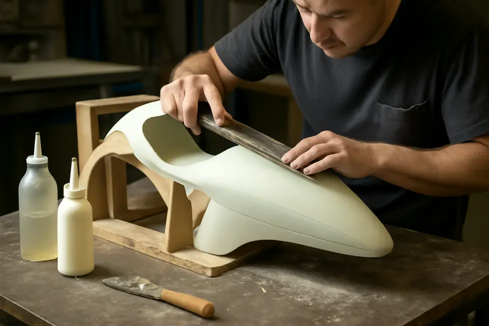 Crafting a precise foam mold for motorcycle fairings using sculpting tools and prepping with release agents.