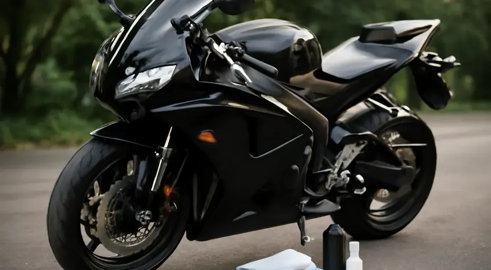 A polished motorcycle with spotless fairings, exemplifying expert cleaning and maintenance.