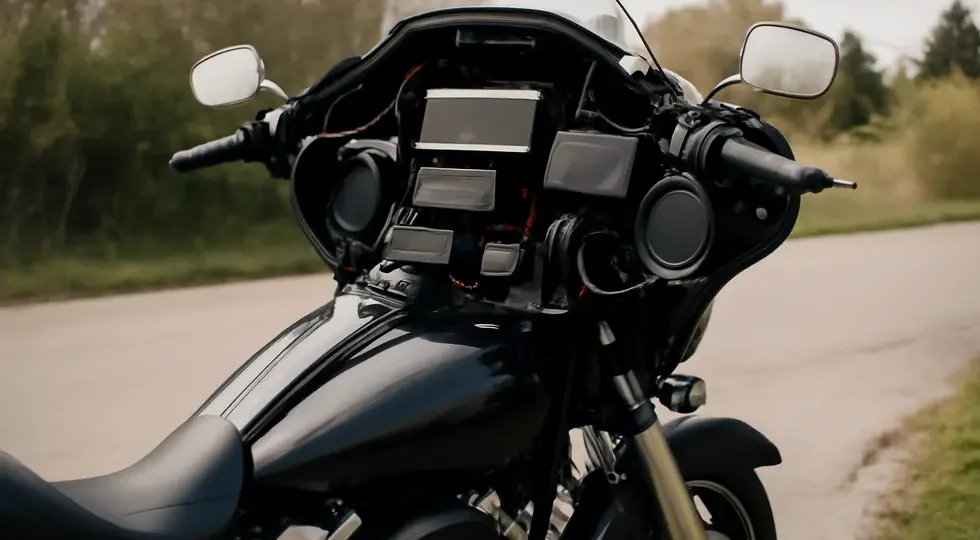 Detailed view of a touring motorcycle fairing audio system showcasing compact amplifiers and DSP units integrated for premium sound.