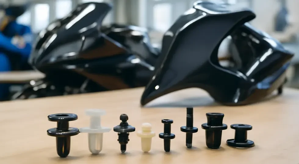 Motorcycle fairing clips displayed with fairings in a workshop illustrating quality and diversity.