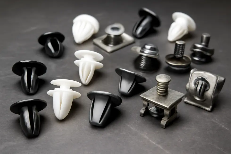 A detailed comparison of plastic and metal fairing clips used in motorcycles.