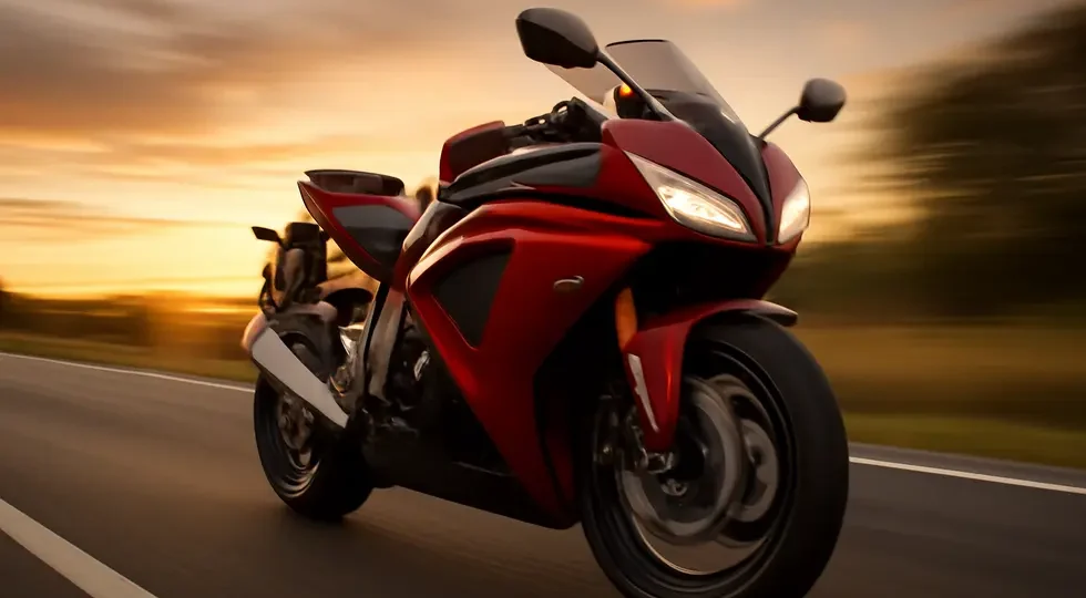 Sport motorcycle with sleek full fairing emphasizing speed and aerodynamic design at sunset.