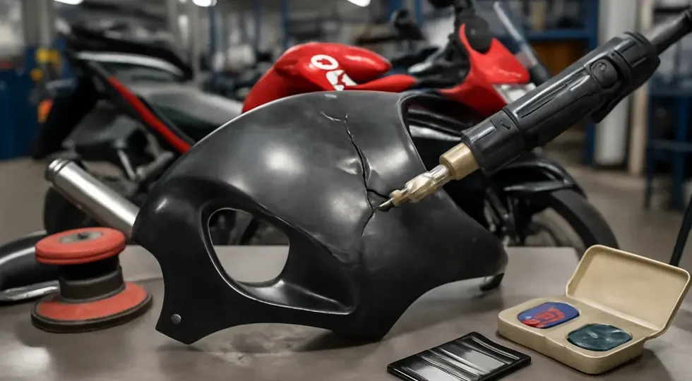 Professional motorcycle fairing crack repair underway in a well-equipped workshop.
