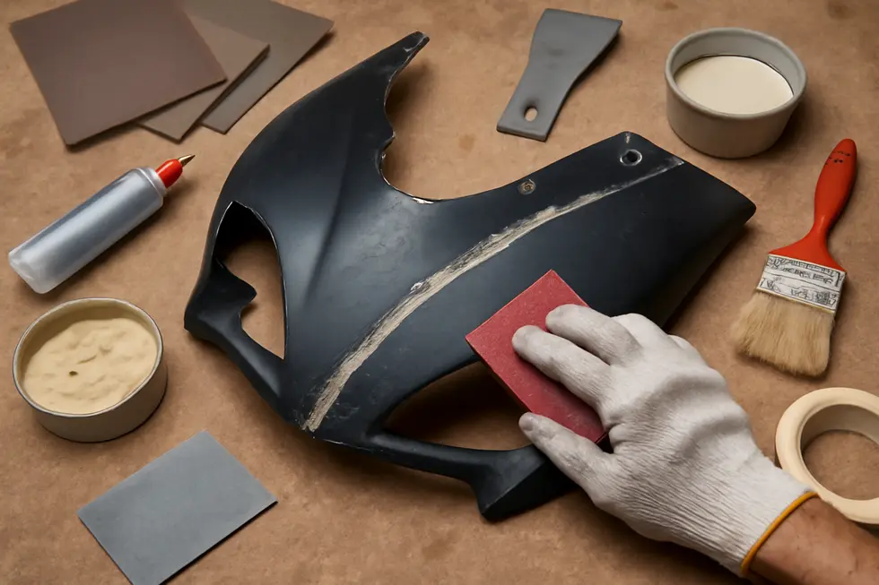 Careful removal and initial damage inspection of motorcycle fairings in a professional garage setting.