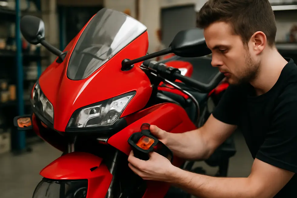 Careful removal and initial damage inspection of motorcycle fairings in a professional garage setting.
