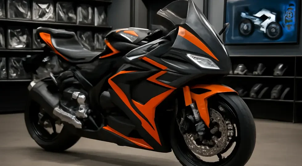 Sportbike featuring a customized ABS fairing kit displayed in a showroom that emphasizes style and aftermarket business solutions.