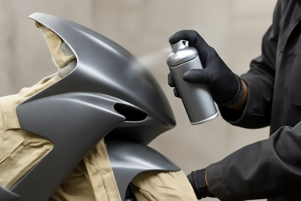 Thorough sanding and cleaning to prepare motorcycle fairings for primer application, crucial for paint adhesion.