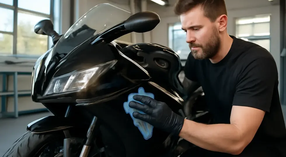 Professional spray paint removal enhancing motorcycle fairings’ finish in a workshop environment.