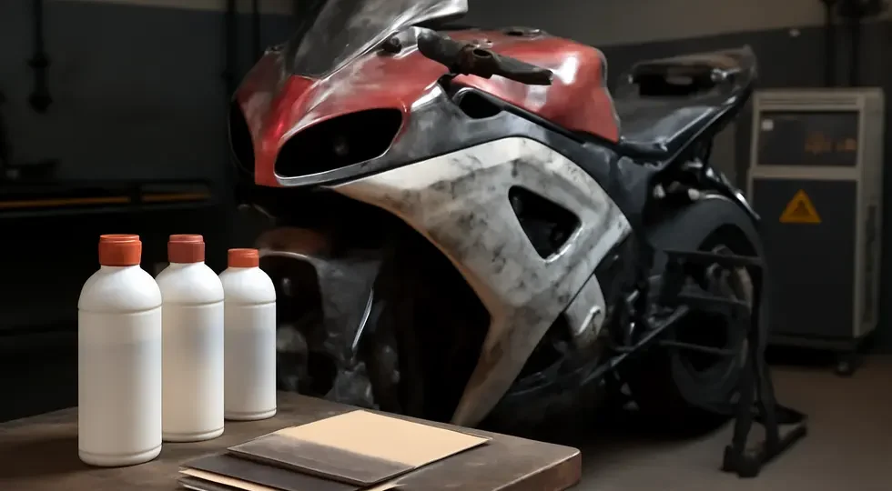 Workshop scene illustrating the comprehensive methods used to remove paint from motorcycle fairings effectively and safely.