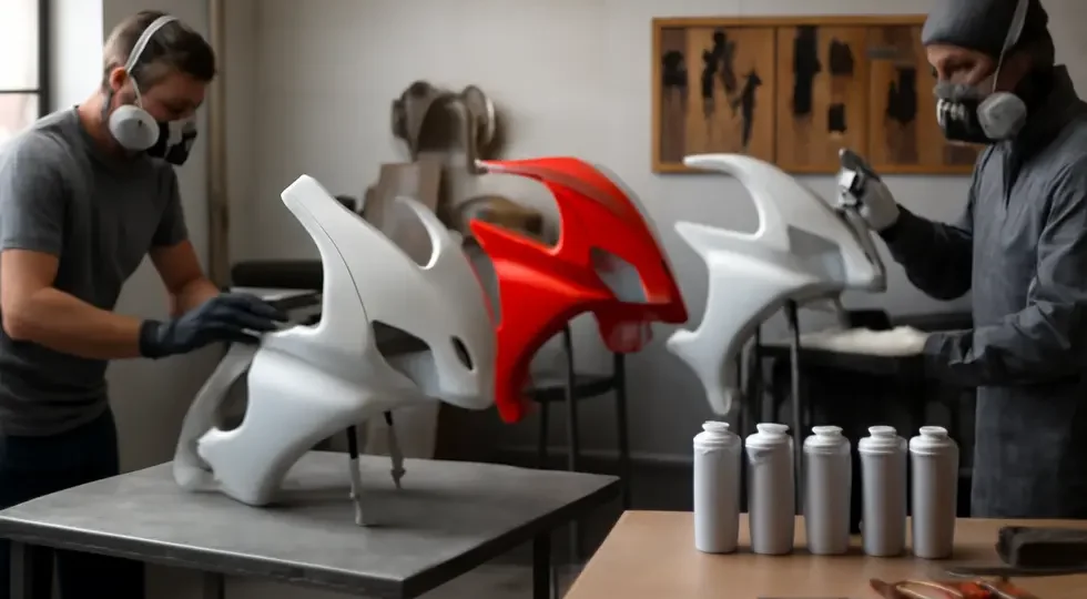 Comprehensive overview of the motorcycle fairing painting process highlighting preparation, painting, and finishing stages.