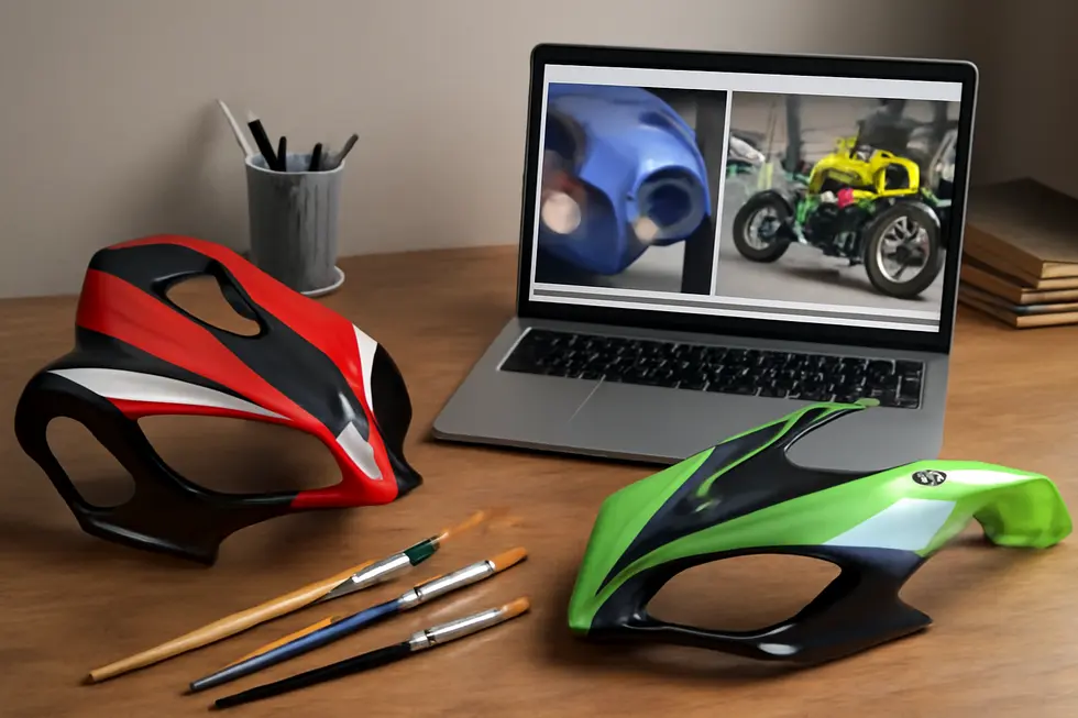 Different motorcycle fairing materials displayed on a workshop bench, showcasing the key substrates for painting.