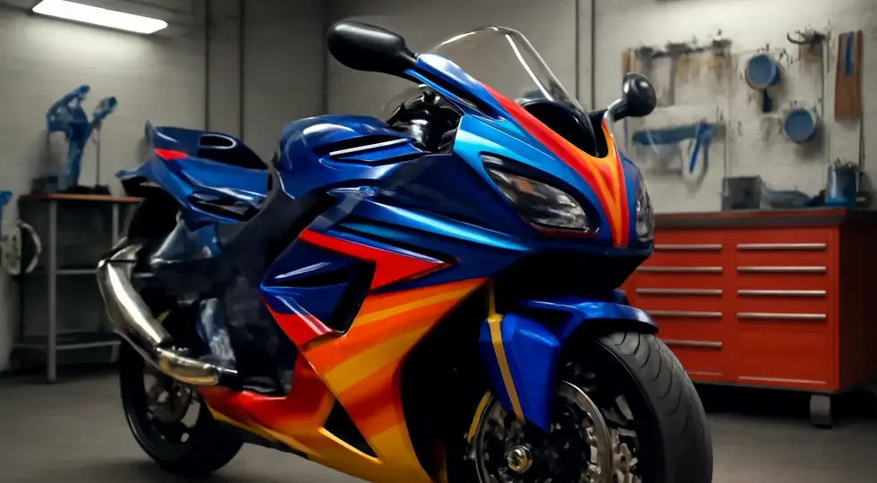 A freshly painted motorcycle with glossy, custom fairings showcased in a professional workshop environment.