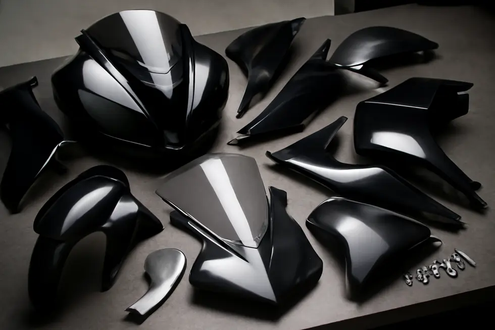 An assortment of motorcycle fairing parts highlighting key components made from durable ABS plastic and OEM-style precision.