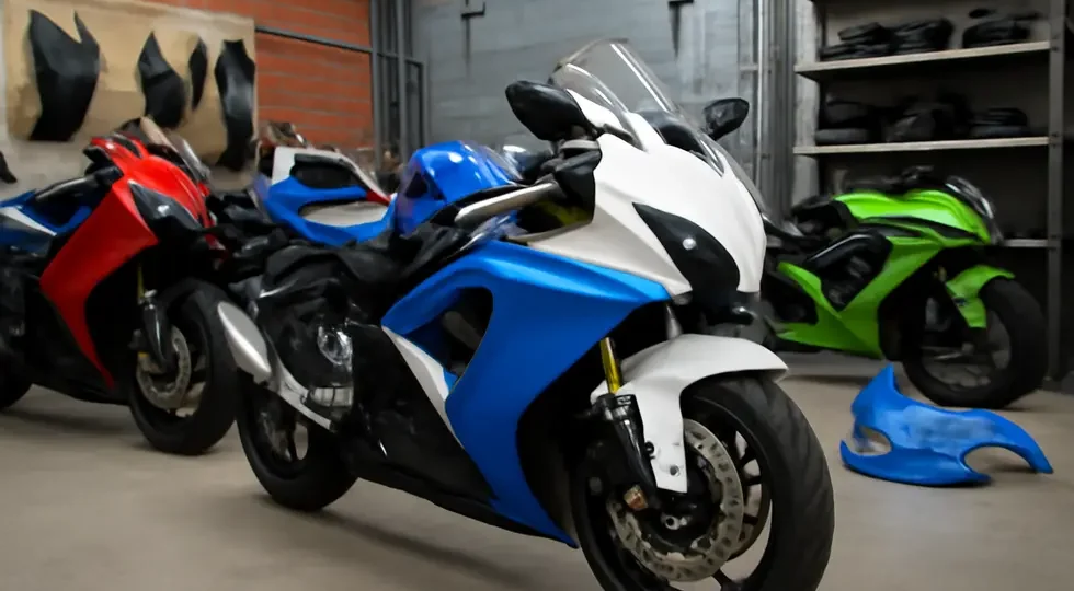 Workshop showcasing motorcycles with both OEM and aftermarket fairing kits in a professional setting.