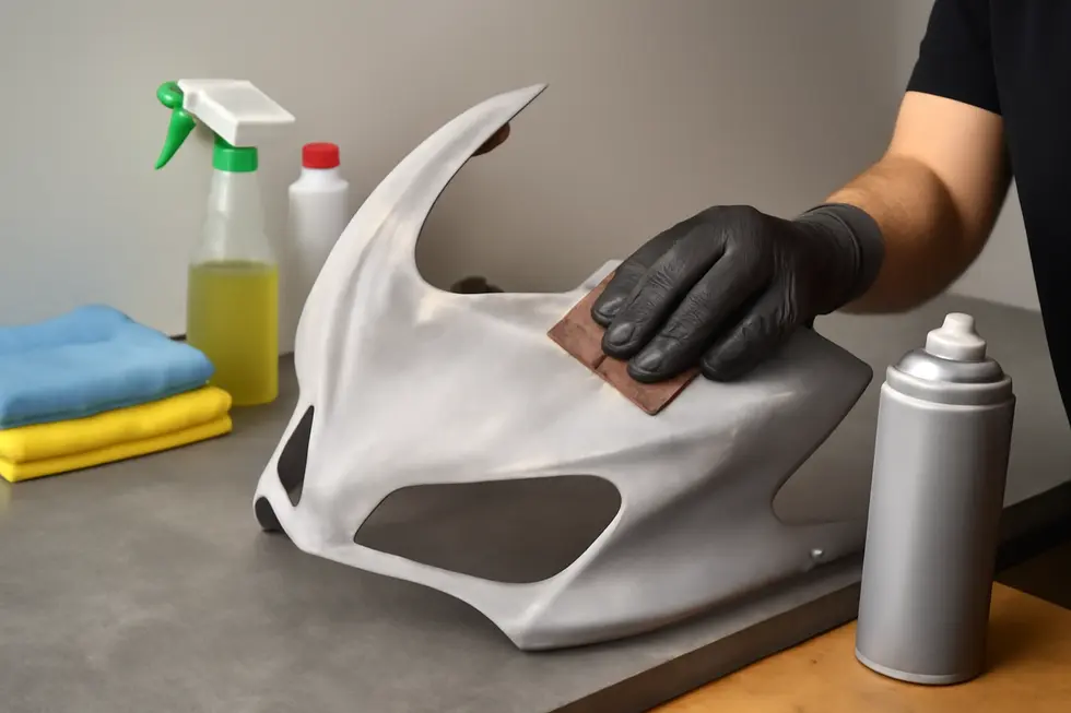 Thorough sanding and cleaning to prepare motorcycle fairings for primer application, crucial for paint adhesion.