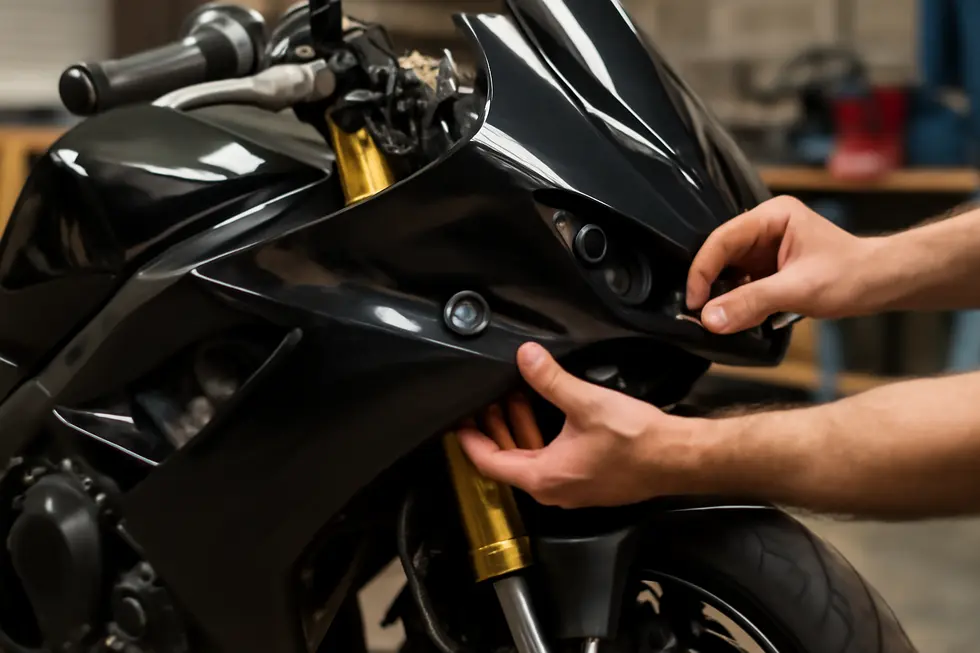 Careful removal and initial damage inspection of motorcycle fairings in a professional garage setting.