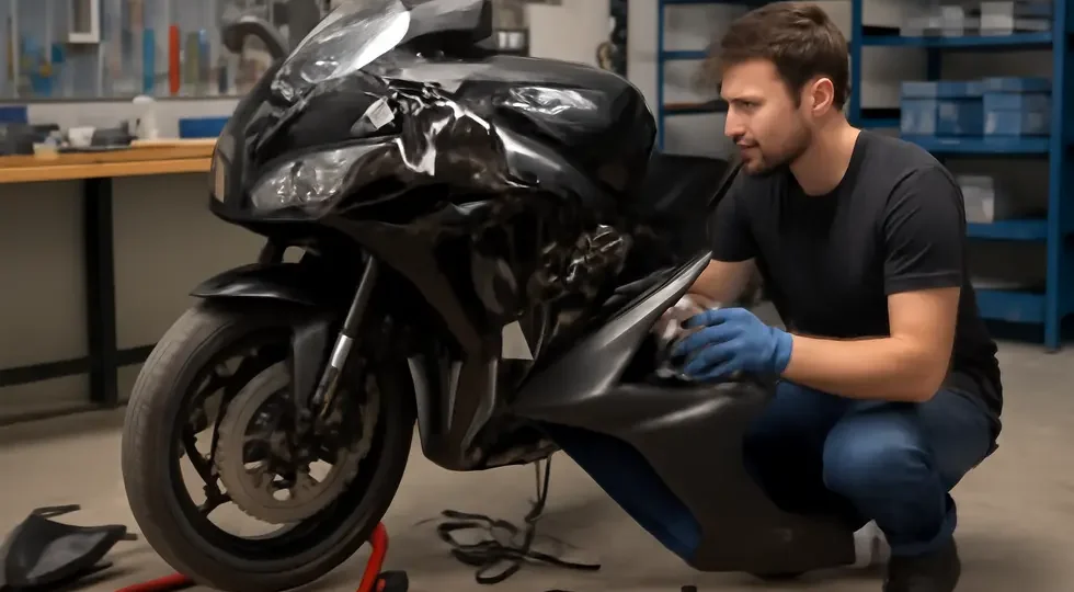 Professional motorcycle workshop focused on careful fairing removal, showing tools and parts ready for reassembly.