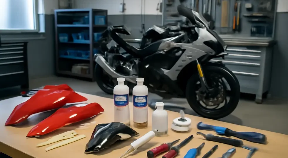 Professional motorcycle workshop showcasing fairing repair kits and tools in use during bodywork restoration.