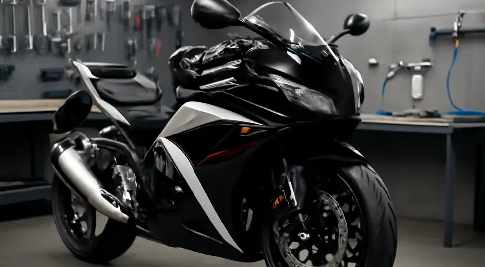 A professional workshop showcasing expertly repaired and painted motorcycle fairings, symbolizing quality and precision.