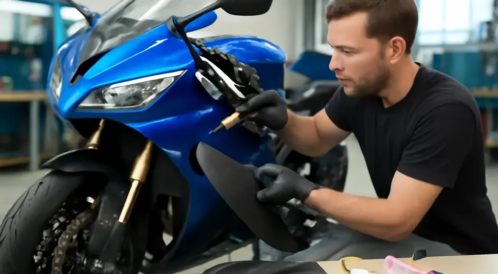 A technician repairing cracked motorcycle fairings made of plastic and carbon fiber in a professional workshop.