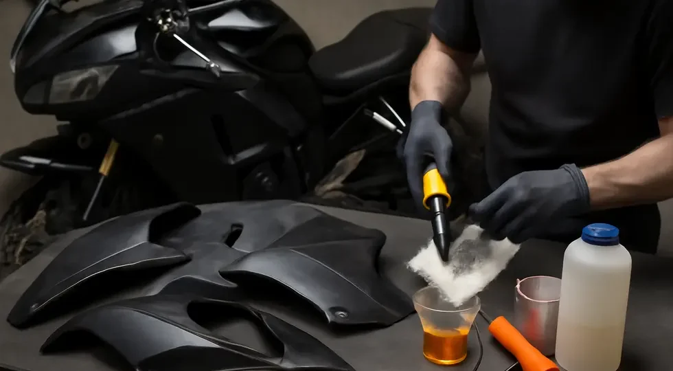 A professional motorcycle repair workshop showing tools and fairings prepared for plastic welding and fiberglass repair.