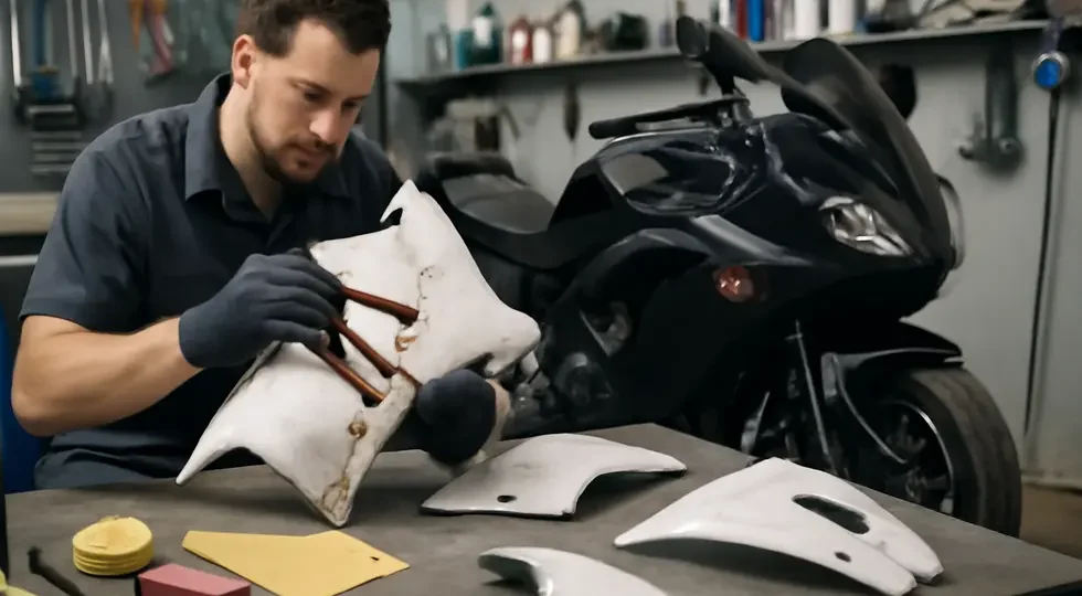 Professional technician reinforcing and repairing motorcycle fairing in a well-equipped workshop.