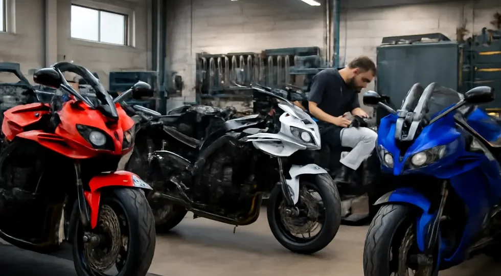 A professional workshop showcasing key stages of motorcycle fairing repairs and restorations in progress.