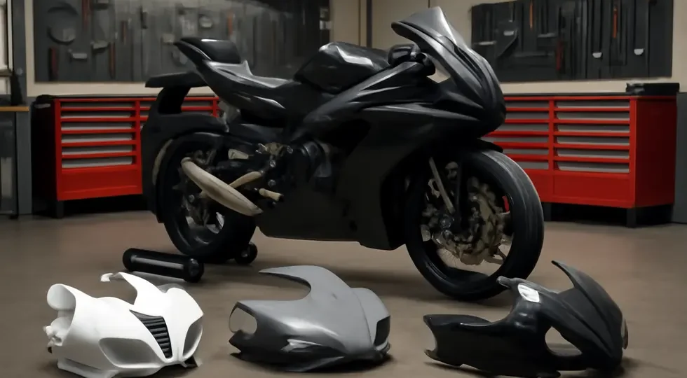 A comprehensive workshop scene showcasing motorcycle fairing panels and a sportbike in the process of replacement.