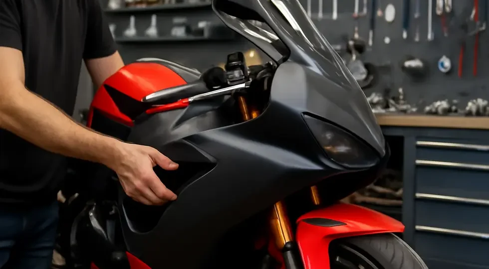 Professional mechanic aligning new fairings on a sport motorcycle in a well-equipped repair shop.