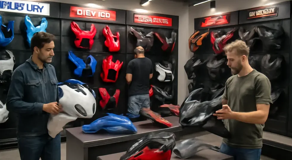 A comprehensive motorcycle parts showroom highlighting diverse fairing options and leading motorcycle brands.