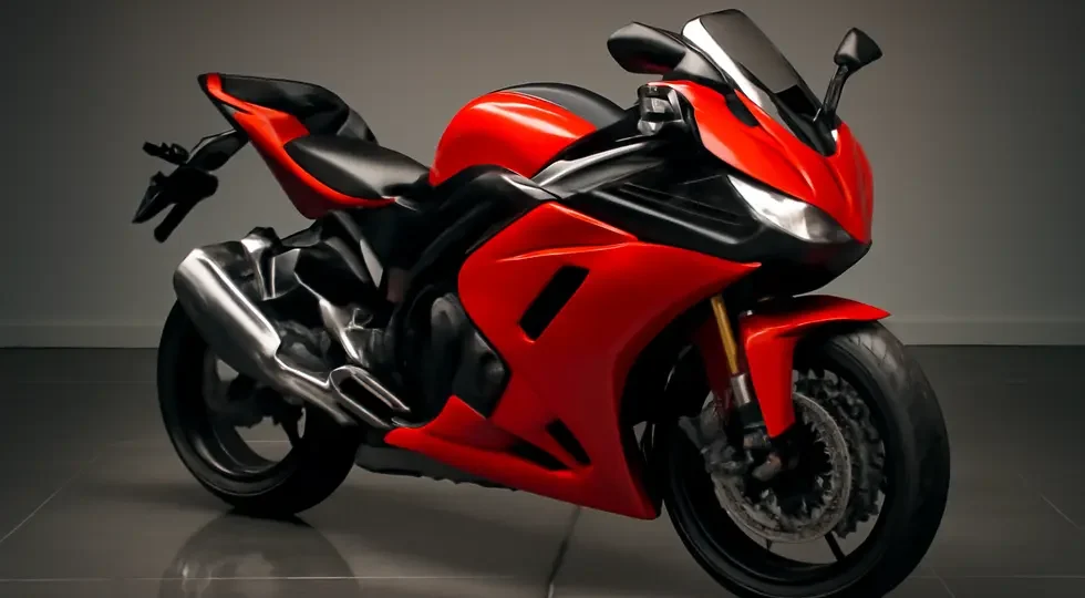 A modern sport motorcycle with full fairing emphasizing aerodynamic design and stylistic impact in a showroom setting.