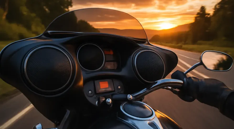 Touring motorcycle equipped with premium fairing speakers cruising at sunset, showcasing audio integration enhancing the ride.
