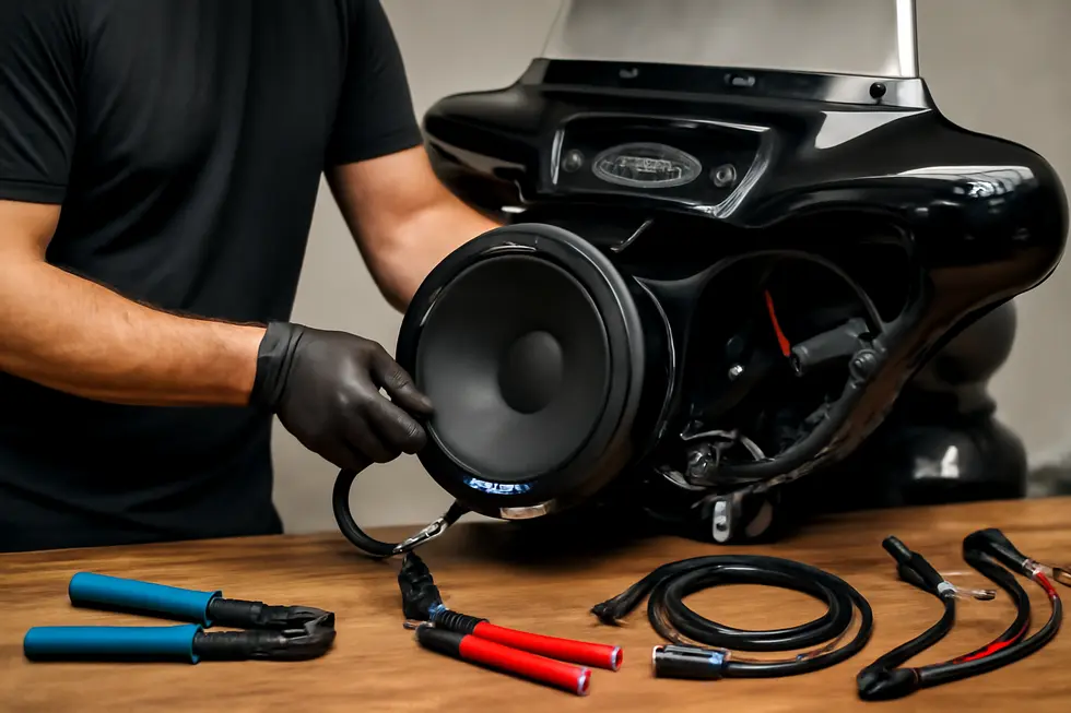 Diverse motorcycle fairing speakers including 5.25-inch and 6.5-inch sizes emphasizing design differences and mounting compatibility.
